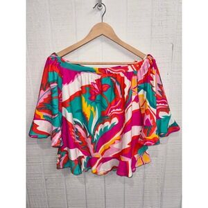 Jude Connally Off The Shoulder Top Womens Pink Teal Tropical Ruffle XS
